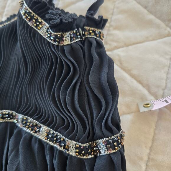 Express Design Top Women's M Black Silk Plisse Babydoll Empire Waist Beaded - Picture 7 of 11